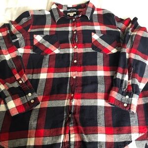 Red, white, and navy blue plaid button down top.